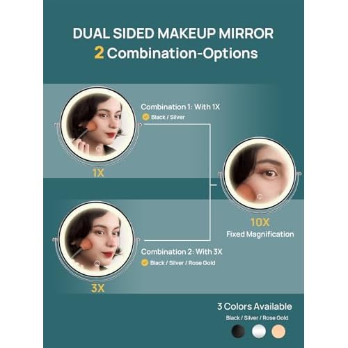 OMIRO 3X/10X Magnifying Makeup Mirror with Lights, 8.5 Inches Double Sided Swivel-Free Vanity Mirror with Height-Adjustable Stand. (Black)