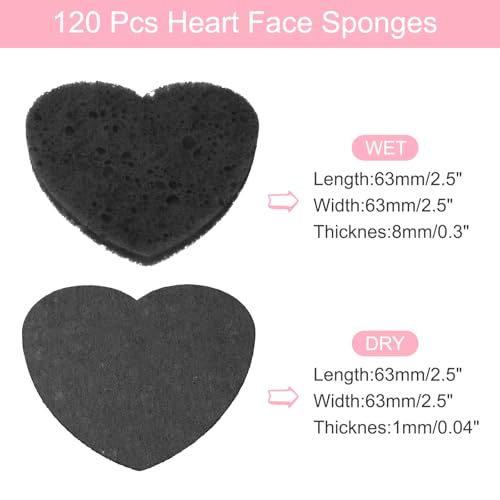 uxcell 120 Count Compressed Facial Sponges Heart-Shaped Face Cleansing Sponges Pads for Daily Skincare Routines at Home, Kitchen, Travel, Black