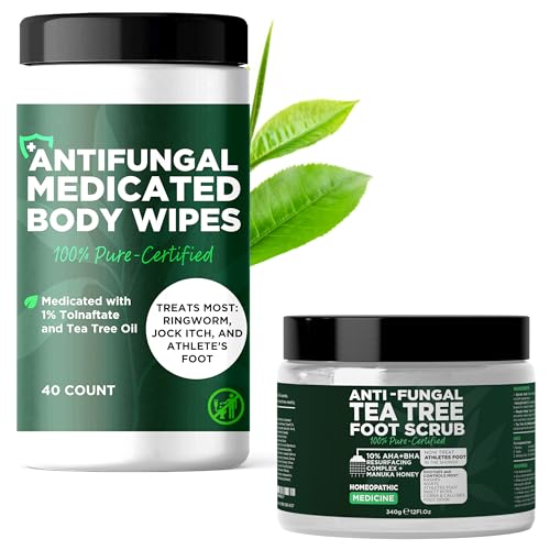 Tea Tree Antifungal Foot Scrub & Medicated Body Wipes Bundle (40 Count)