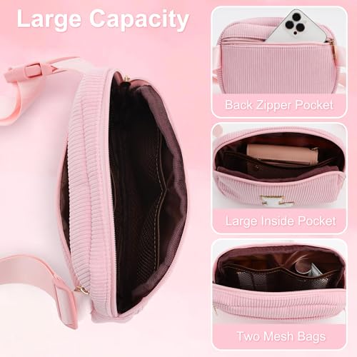 YOOLIFE Pink Initial Corduroy Makeup Bag & Belt Bag Crossbody Fanny Pack Personalized Gifts for Women Teen Girls