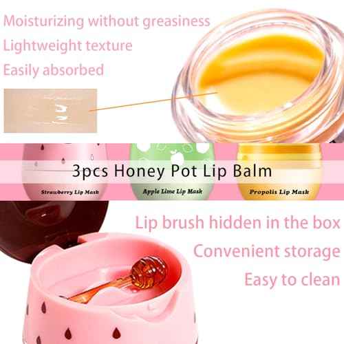 Bee Propolis Strawberry Lip Balm - Hydrating Lip Sleeping Mask for Dry Lips | Strawberry Extract & Propolis | Moisturizing, Exfoliating Lip Treatment in Honey Pot