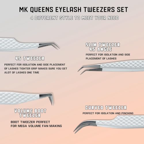 Lash Tweezers - Stainless Steel Fiber Tip Eyelash Tweezers (Set of 4) - Diamond Grip Professional Lash Tweezers for Eyelash Extensions (White)