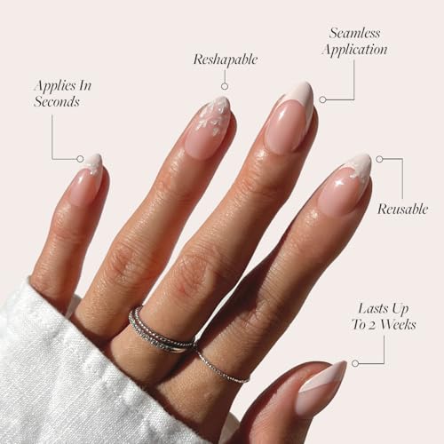 Glamnetic Press On Nails & Brush On Nail Glue Bundle - All Time Love | Short Almond Fake Nails with French Tips and Leaf Accents | 15 Sizes - 30 Nail Kit with Glue | Reusable, Salon-Quality Fake Nail