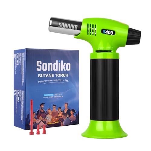 Sondiko Butane Torch Lighter S400, Refillable Kitchen Torch, Fit All Butane Tanks Blow Torch with Safety Lock and Adjustable Flame for Desserts, Creme Brulee, and Baking, Green