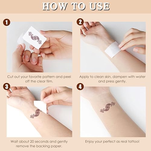 Brown Temporary Tattoo Stickers, 9 Sheets Red Brown Waterproof Tattoo Stickers for Women Wedding Party Festival Lotus Mandala Flower Temporary Tattoos