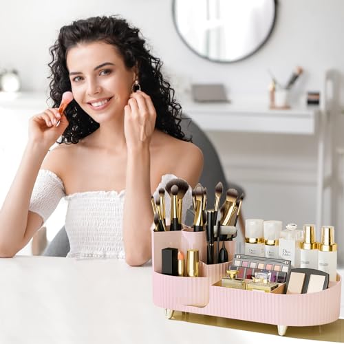 Pink 360 Rotating Makeup Organizer with Brush Holder