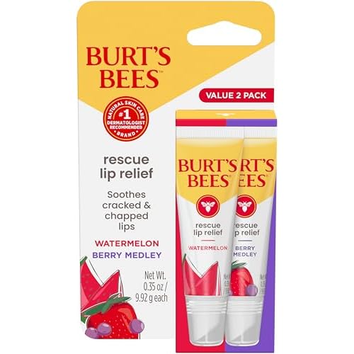 Burt's Bees Rescue Lip Relief, Watermelon & Berry Medley, Hydrating Lip Balm for Dry Cracked Lips, with Responsbily Sourced Beeswax and Shea Butter, 100% Natural Origin, 2 Pack, 0.35oz