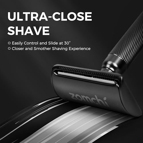 ZOMCHI Double Edge Safety Razor with Razor Stand, [New Version 2.0 ] Men¡¯s Metal Razor with 10 Safety Razor Blades for Men & Women - Matte Black
