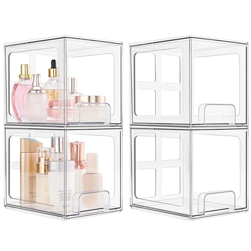 SMARTAKE 4 Pack Stackable Makeup Organizer Drawers, Acrylic Bathroom Organizers, 6.6'' Tall Clear Plastic Storage Drawers for Vanity, Undersink, Kitchen Cabinets, Skincare, Pantry Organization