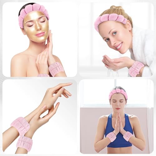 JYOUX 4PCS Fluffy Spa Headbands, Face Band with Wrist, Floral Hairpin for Skin Care, Headband and Wristband+Blue