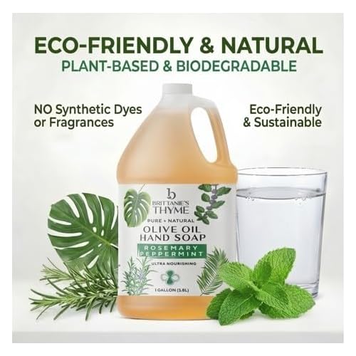 Brittanie's Pure Organic Castile Liquid Olive Oil Soap Refill, Rosemary Peppermint, 1 Gallon | Face, Body Wash, Dishes, Pets & Laundry | Vegan & Gluten Free Non-GMO