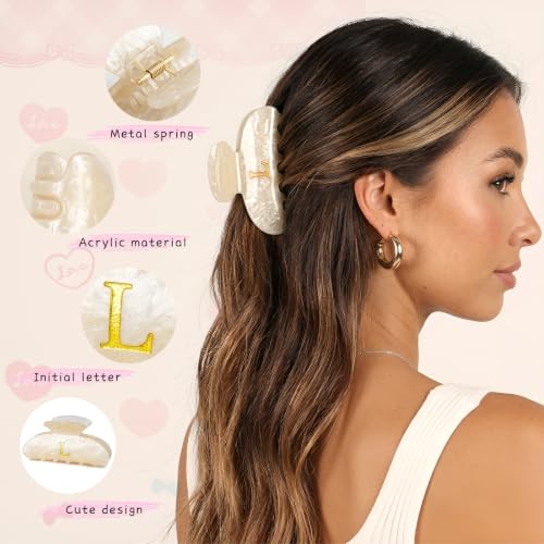 Initial Letter L Hair Claw Clip with Cream Marble Acrylic Design - Personalizable Hair Accessory