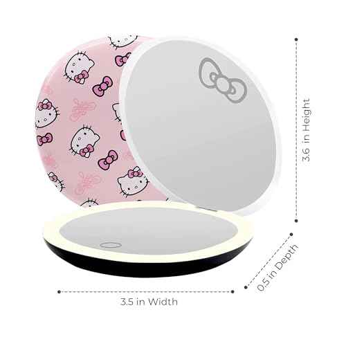 Impressions Vanity Hello Kitty Supercute Signature Compact Mirror with Light, Travel Makeup Mirror with 3X Magnification and Daylight LED Lighting and Adjustable Brightness (Pink)