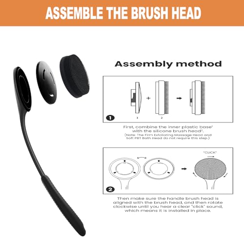 Long Handle Shower Back Scrubber,15.75 Inch Ergonomic Curved Brush with 3 Replaceable Heads with Soft and Firm Bristles,Silicone Handle for Easy Back Cleaning and Exfoliation,Bath Body Brush,Black