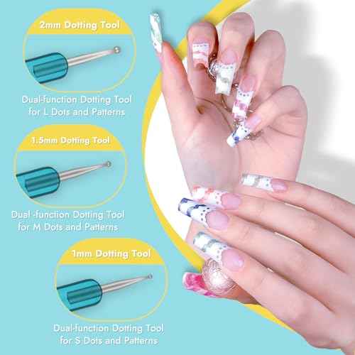 Finea Nail Art Brushes and Dotting Tools 6pcs Set for Builder Gel Polygel Gel Polish Paint Design with Flat, Round, Thin Liner, French Tip, Small Detail Painting, 3D Acrylic Flower Brushes, Gold Blue