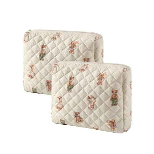 Quilted Cotton Makeup Bag 2Pcs Coquette Cosmetic Bag,Large Soft Floral Travel Toiletry Bag for Women and Girls (01Bear)
