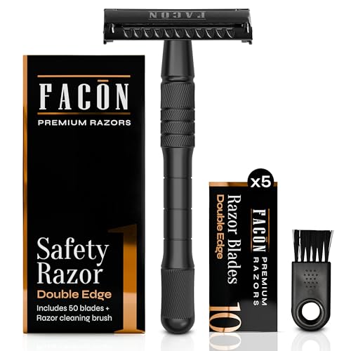 Fac?n Double Edge Safety Razor for Men & Women - Butterfly Open Stainless Steel Razor w/ 50 Platinum Double Edge Safety Razor Blades, Single Blade Razor for Smooth Close Shave, Reusable & Eco-Friendly