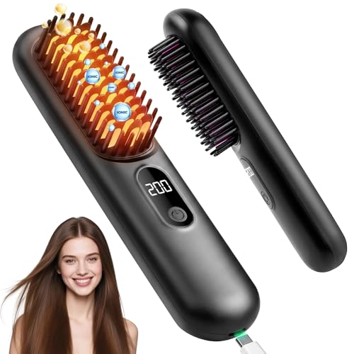 Cordless Mini Hair Straightener Brush with 4 Heat Settings