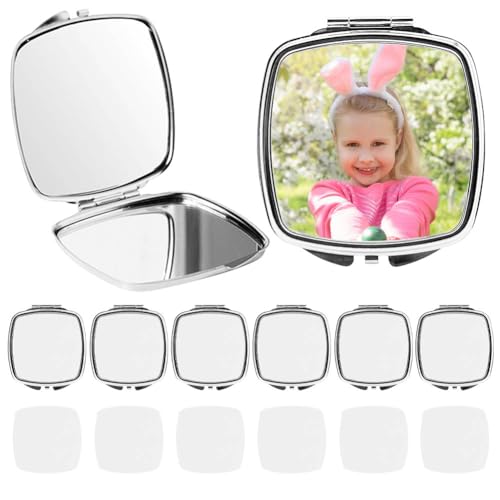 6 Pieces Sublimation Blank Pocket Makeup Mirror Sublimation Metal Compact Mirror Folding Travel Makeup Mirror Heat Transfer Cosmetic Mirror for Women Girls(Square)