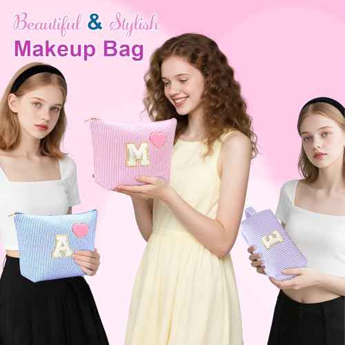Initial Makeup Bag Personalized Preppy Cosmetic Bag Trendy Toiletry Travel Bag For Teen Girls Kids Women Letter Makeup Pouch Purse Holiday Gifts Birthday Christmas Gifts 2pack (A, Pink)