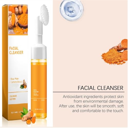 2Pcs Glow Wash Turmeric Facial Cleanser With Brush, Deep Cleansing Exfoliating Turmeric Foaming Face Wash, for All Skin.