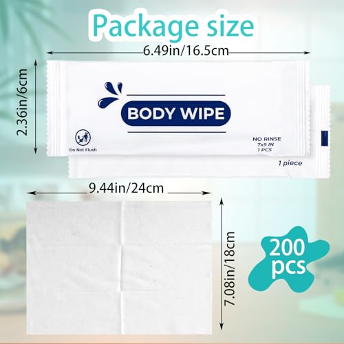 200pcs Body Wet Wipes Individually Wrapped, Wet Wipe with Aloe, Hand Wipe for Travel Gym Camping, Adults Bathing No Rinse