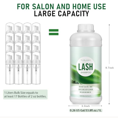 Lash Shampoo Bulk, Eyelash Cleanser for Extensions 1 Liter, Safe Makeup Remover, Non-irritating or Burning Formula Eyelid Foaming Cleanser for Professional Salon and Home Use (Aloe Vera-1L)