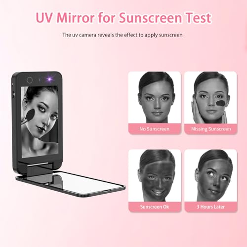 DESCHEN 2500mAh Rechargeable UV Camera UV Mirror for Sunscreen Test, 4 Inch Portable Double-Sided Travel Smart UV Lens Compact Detection Makeup Sunscreen Testing Camera Mirror, Skin Sun Protection