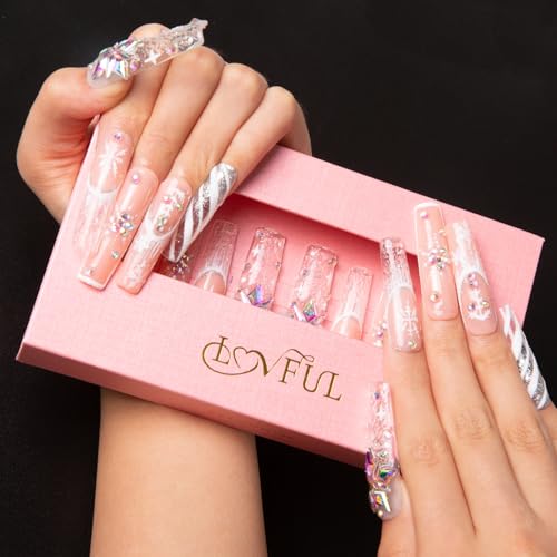 LOVFUL Press on Nails Snowy Moonlight| Handmade with Full Covered Crystals | Reusable Fake Nails | Square Mid Length 1.7 in | H142-M
