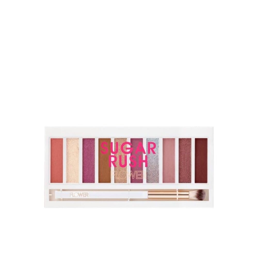 FLOWER BEAUTY By Drew Barrymore Shimmer + Shade Eyeshadow Palette - Neutral Colors + Ten Shades - Mix + Layers Shades - Easily Blendable + Rich Color Payoff - Brush Included (Sugar Rush)