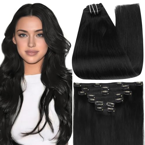 Full Shine Jet Black Clip In Hair Extensions 24 Inch Remy