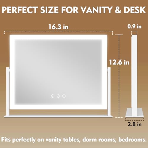 ROLOVE Lighted Makeup Mirror 16.3"x12.6", Hollywood Vanity Mirror with 10X Magnifier, 3 Color LED Lighting Modes, Smart Touch Control & 360¡Æ Rotation, Tabletop Makeup Mirror (White, Gift Ready)