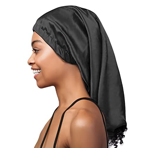 Extra Long Satin Bonnet Sleeping Hat Beanie Cap Baggy Hair Covering Black