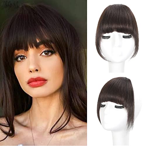 Berracy Bangs Hair Clip in Bangs 100% Real Human Hair Extensions French Bangs Fringe with Temples Flat Neat Fake Thick Hairpieces for Women Daily Wear Dark Brown