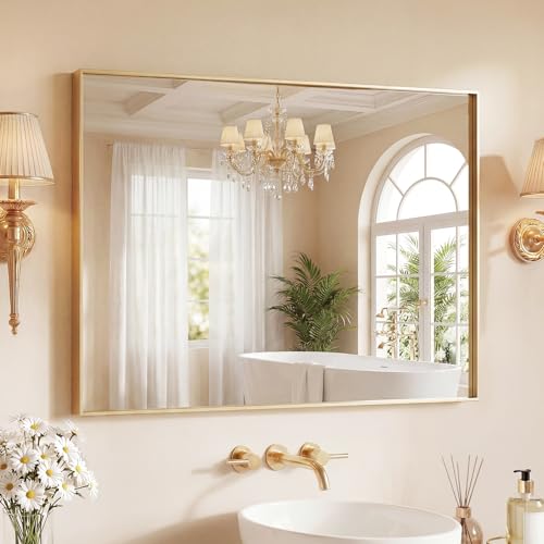 30" x 36" Gold Rectangle Bathroom Mirror with Tempered Glass