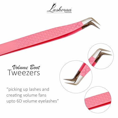 LASHORAA Lash Tweezers Set for Eyelash Extensions - 3 Piece Precision Fiber Tip Diamond Grip, Volume, L-Shape Boot, 90 Degree Tweezers - Includes Leather Case for Classic Lashes & Premade Fans