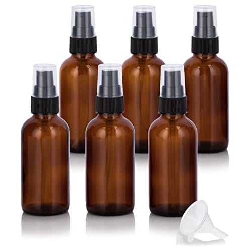 JUVITUS 2 oz Amber Glass Boston Round Black Treatment Pump Bottle (6 pack) + Funnel Refillable Empty Storage Containers