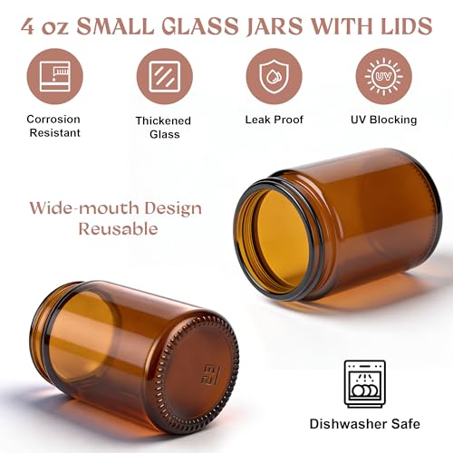 4oz Amber Glass Jars with Lids, 4 Pack | UV-Blocking Cosmetic Containers