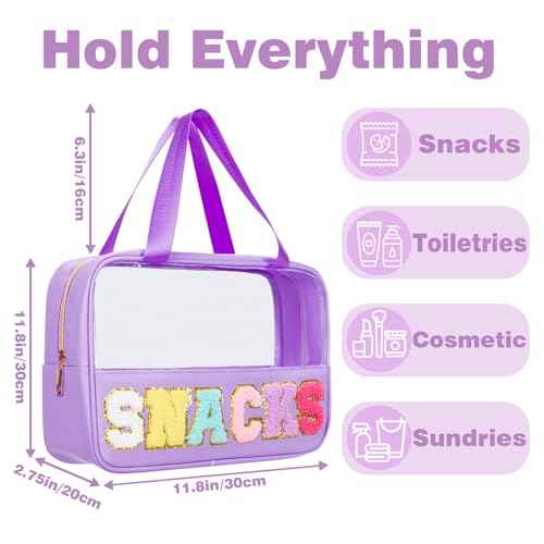 Snack Bags Chenille Letter Patch Clear Bag for Travel, Preppy Cosmetic Bag Snack pouch with Zipper, Toiletry Bag for Traveling Women, Clear Travel Bags for Toiletries (Deep Purple)