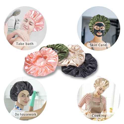 Shower Caps for Women, 4 PCS Elastic and Reusable Bath Caps, Double Layers Shower Cap Reusable Waterproof, Bathing Shower Caps, Environmental Bath Hair Protection Cap - Solid Color B