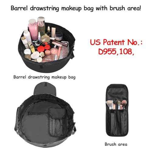 Drawstring Makeup Bag Open Flat ? Barrel Drawstring Cosmetic Bag for Women Toiletry Bag for Travel with Brush Bag (Black)