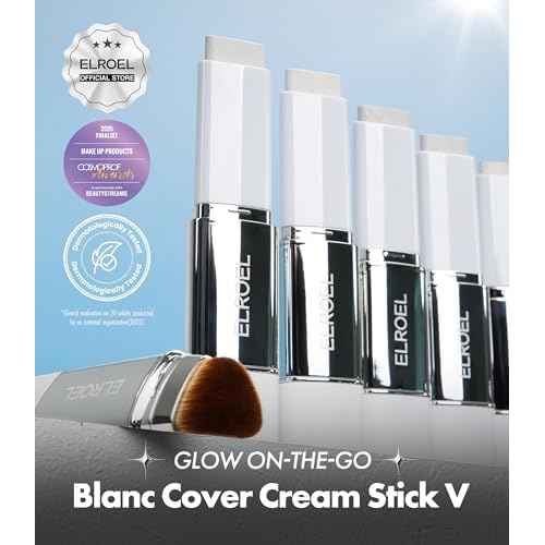 Blanc Cover Cream Stick V White - Korean Color-Changing Foundation Stick with Volufiline - Medium to Full Coverage Dewy Finish Base Makeup - Dual-Ended with Detachable Brush (202 Natural)