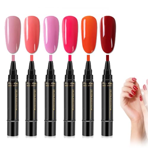 3-in-1 Quick-Dry Gel Nail Polish Pen Set with Fine Tip, 6 Colors