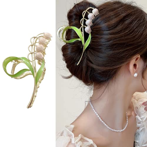 Gold and Blue Lily of The Valley Flower Metal Hair Clips for Thick Hair - Women's Hair Styling Accessories, Cute Barrettes 1Pcs