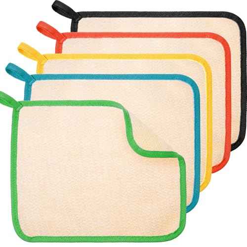 Tatuo 5 Pcs Exfoliating Face and Body Wash Cloths Towel Weave Bath Exfoliating Scrub Massage Bath Cloth for Women and Men, 10.63 x 9.05 Inch(Black Green Orange Blue Yellow Edge)