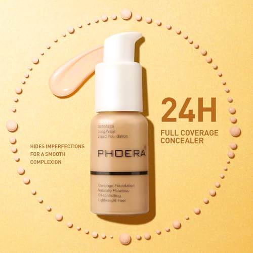 PHOERA Foundation Makeup, Flawless Soft Matte Oil Control Liquid Foundation, Full Coverage Mattle Oil-Control Concealer for Older Women, Great Choice For Gift (#102 Nude)