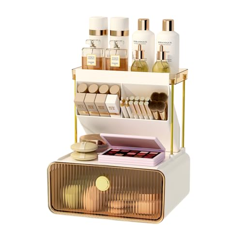 FOLLOWIN 3-Tier Makeup Organizer with Drawer - Amber Vanity Storage