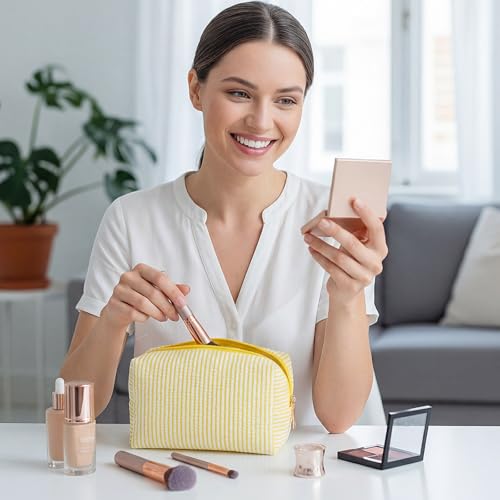 Sanwuta 6 Pcs Yellow Seersucker Cosmetic Bags