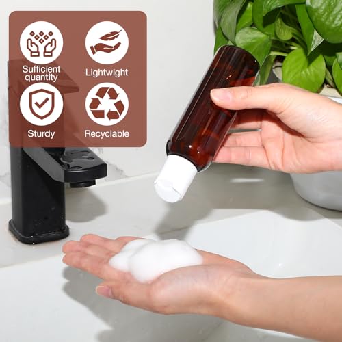 Mimorou 50 Pcs 4oz Plastic Squeeze Bottle with Disc Top Flip Cap Empty Amber Refillable Container Small Travel Toiletry Bottle for Lotion Shampoo Oil Body Soap Creams (Brown/White)