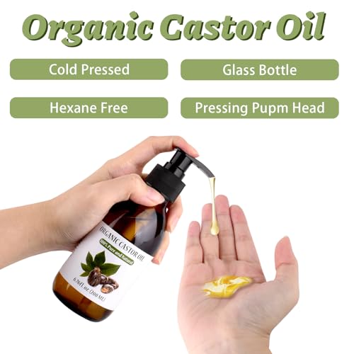 KSSZZCO 6.76 fl oz Organic Castor Oil Cold Pressed (Glass Bottle), 100% Pure and Natural and Hexane Free Castor Oil for Hair & Skin, Eyelashes, Eyebrows, Joint